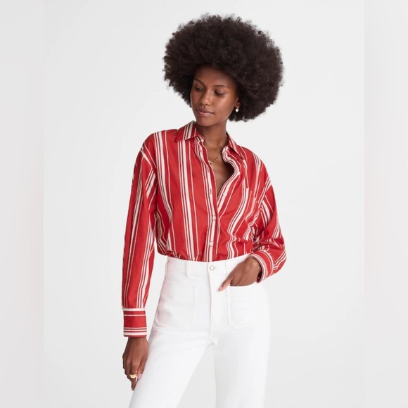 Madewell Oversized Button-Up Shirt in Poplin in Cherry Red Size Medium NWT - Picture 3 of 15